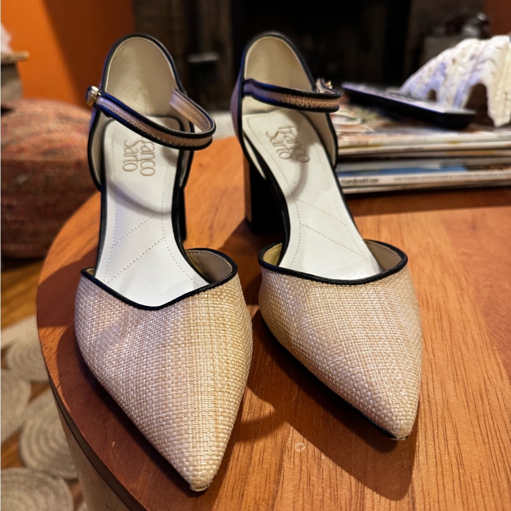 Franco Sarto Beige and Black Ankle Strap Heels